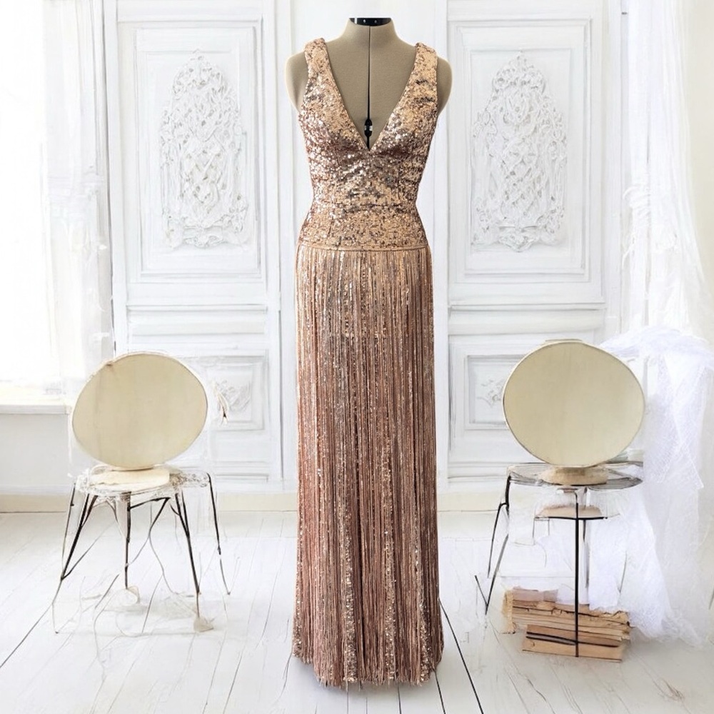 Dress the Population Rose Gold Sequin Fringe V-Neck Evening Gown